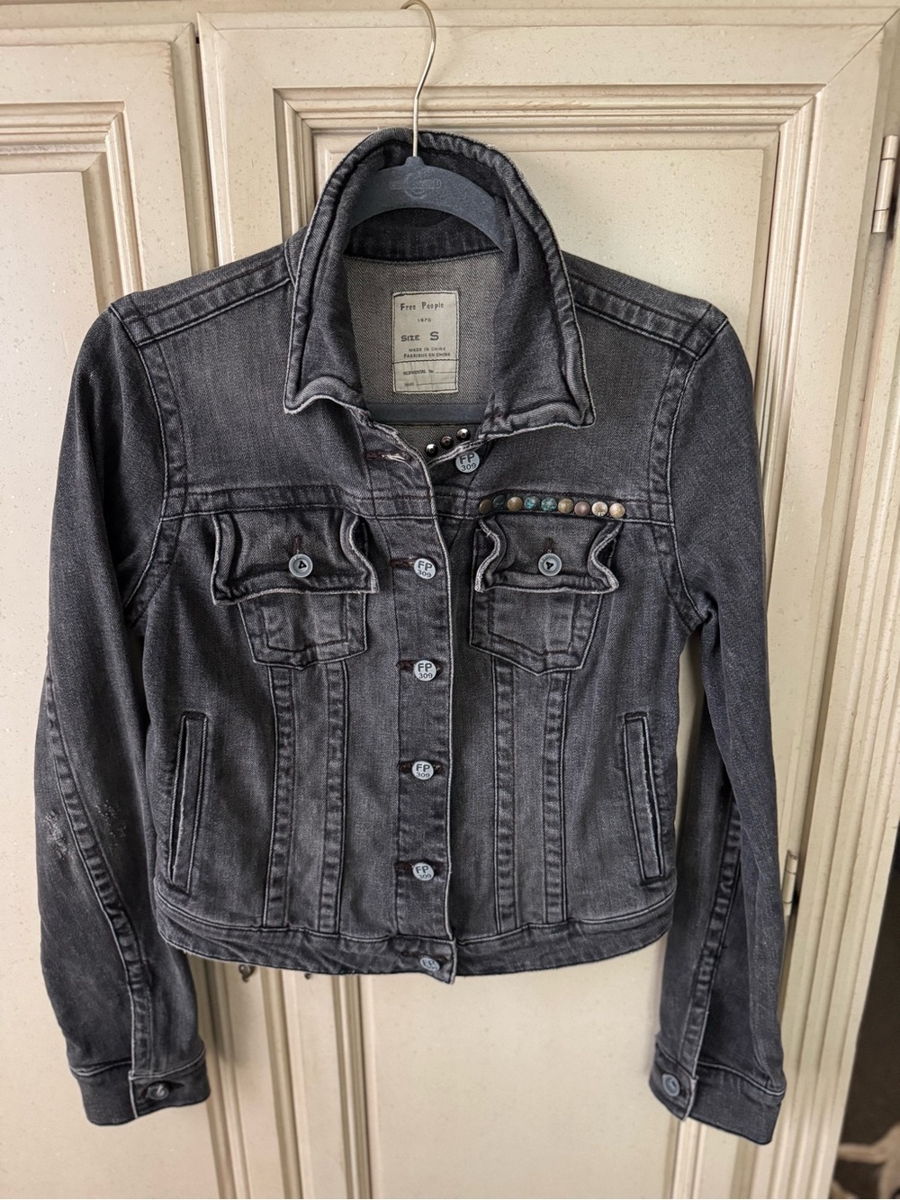 Free People Washed Charcoal Denim Jacket with Stud Accents
